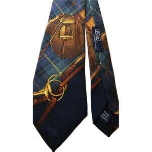 Polo Ralph Lauren Tie Silk Italy Plaid Horse Theme Handmade Woven Logo Mens